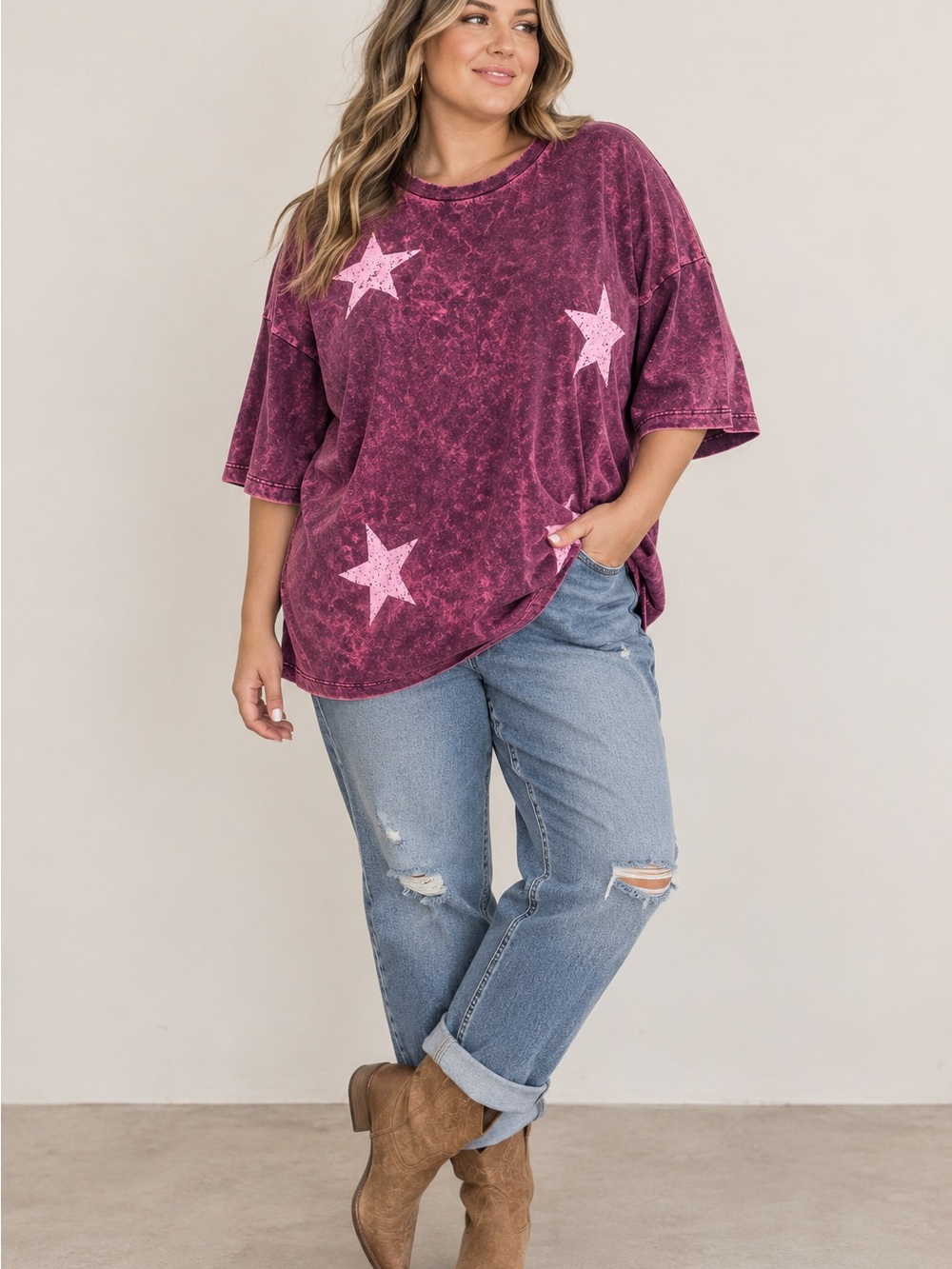 Zenana Oversized Star Mineral Wash Tee Size 3X Plus Pink Berry Vintage Vibe